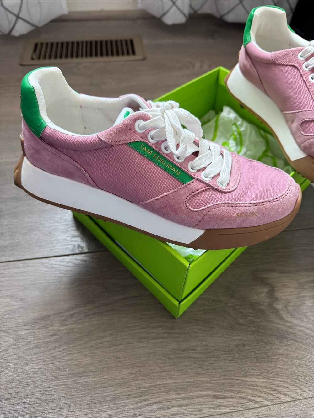 Sam Edelman Pink Layla Sneakers with Green Heel Accent